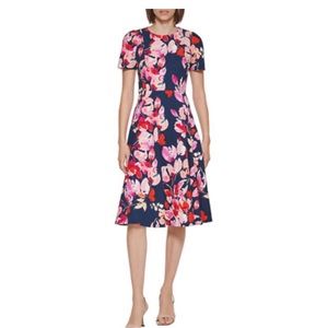 Women's Short Sleeve Floral Printed Scuba Crepe Fit and Flare Dress